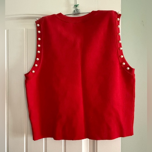 ENTRO Red Sleeveless Top with Pearl Accents - Picture 4 of 4